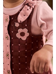 Pink / Berry Heart Baby Pinny Dress and Long Sleeve Bodysuit 2 Piece Set (0mths-2yrs) - Image 3 of 14