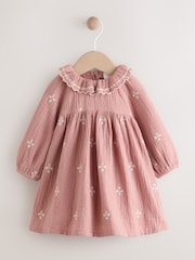 Pink Baby Embroidered Woven Long Sleeve Dress (0-18mths) - Image 5 of 9