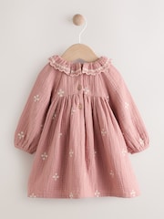Pink Baby Embroidered Woven Long Sleeve Dress (0-18mths) - Image 6 of 9