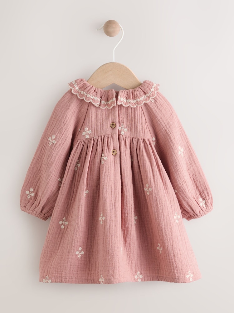 Pink Baby Embroidered Woven Long Sleeve Dress (0-18mths) - Image 6 of 9