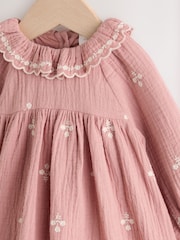 Pink Baby Embroidered Woven Long Sleeve Dress (0-18mths) - Image 7 of 9