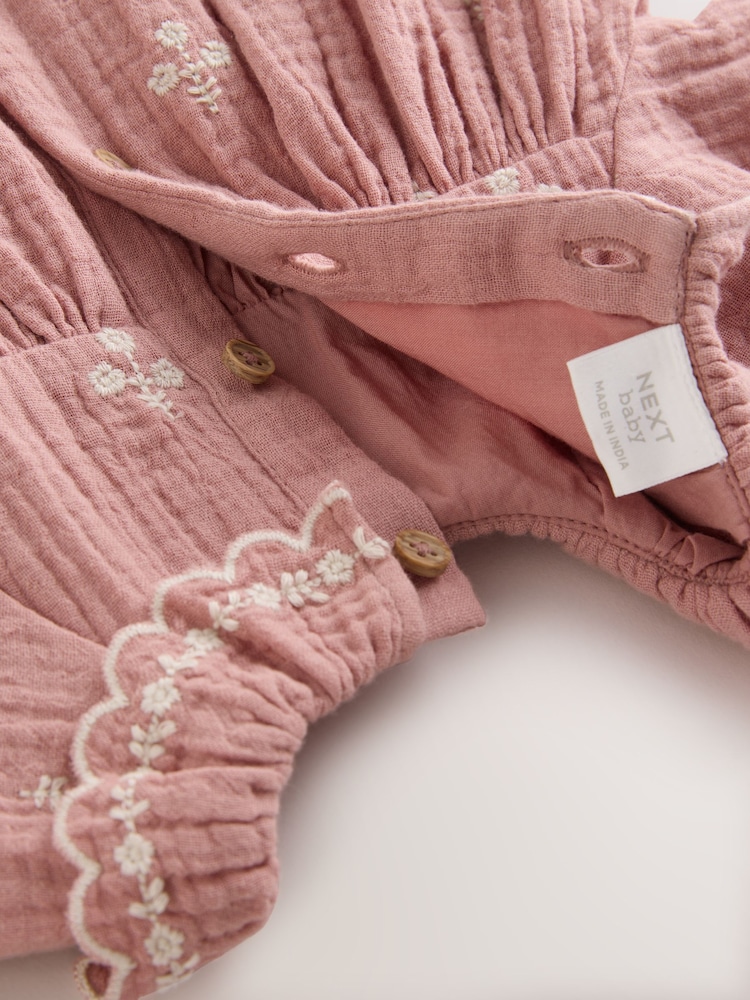 Pink Baby Embroidered Woven Long Sleeve Dress (0-18mths) - Image 8 of 9