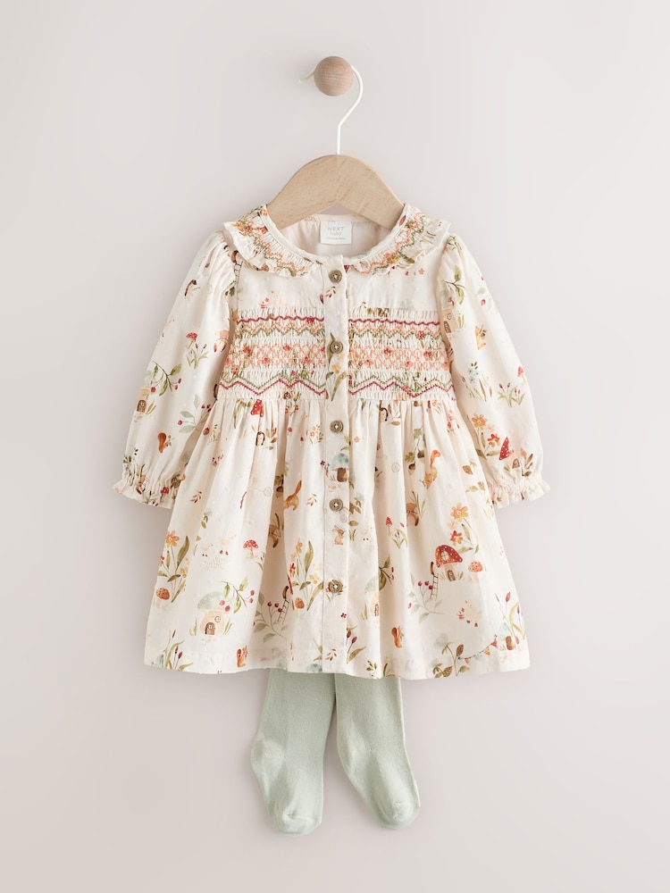 Cream Floral Print/ Character Collar Baby Dress (0-18mths) - Image 1 of 7