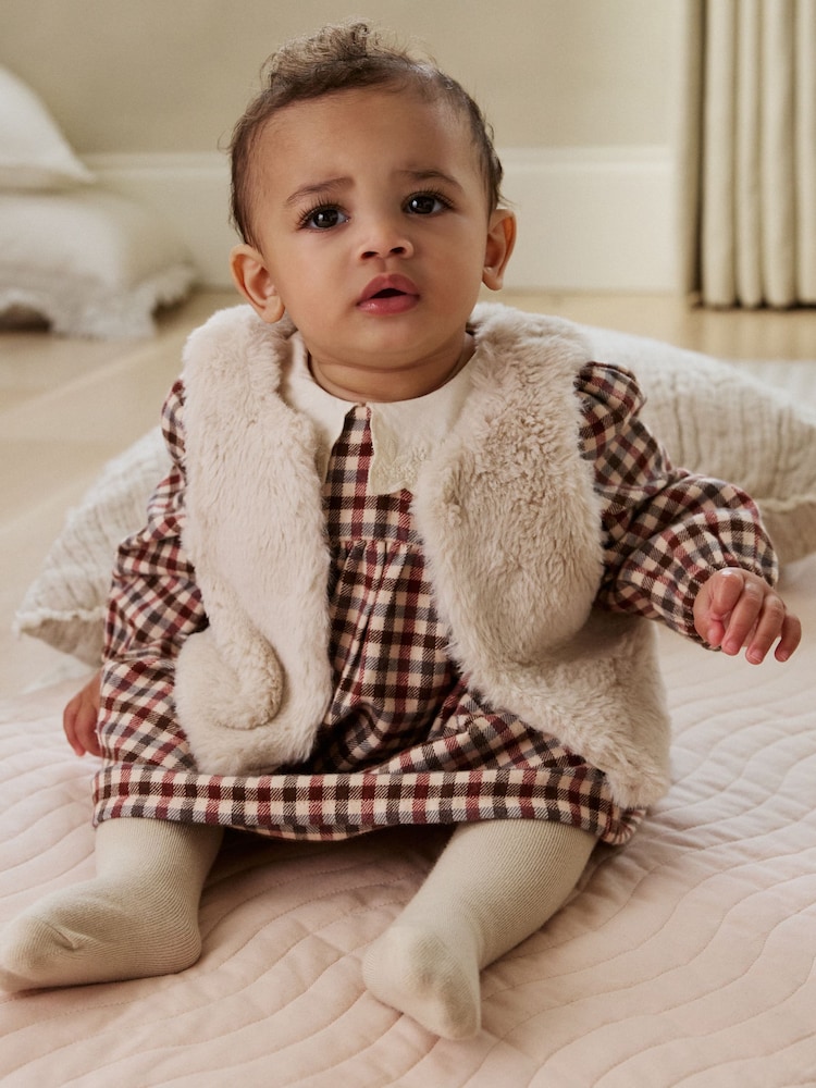 Berry/ Cream Gingham Baby Dress and Waistcoat 2 Piece Set (0mths-2yrs) - Image 1 of 14 Berry/ Cream Gingham Baby Dress and Waistcoat 2 Piece Set (0mths-2yrs) - Image 1 of 14