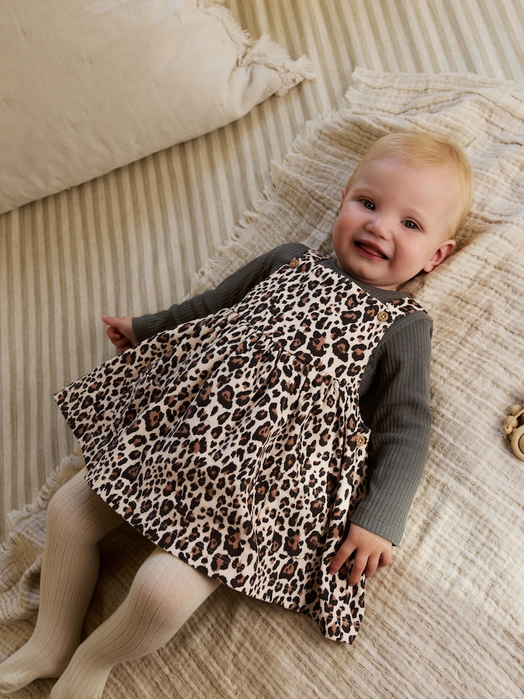 Leopardenmuster, Anthrazit - Baby Langarm-Schürzen-Body und Strumpfhose im Set aus Cord (0 Monate bis 2 Jahre) - Bild 2 von 15