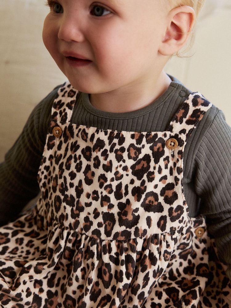 Buy Charcoal Leopard Baby Cord Pinafore Long Sleeve Bodysuit