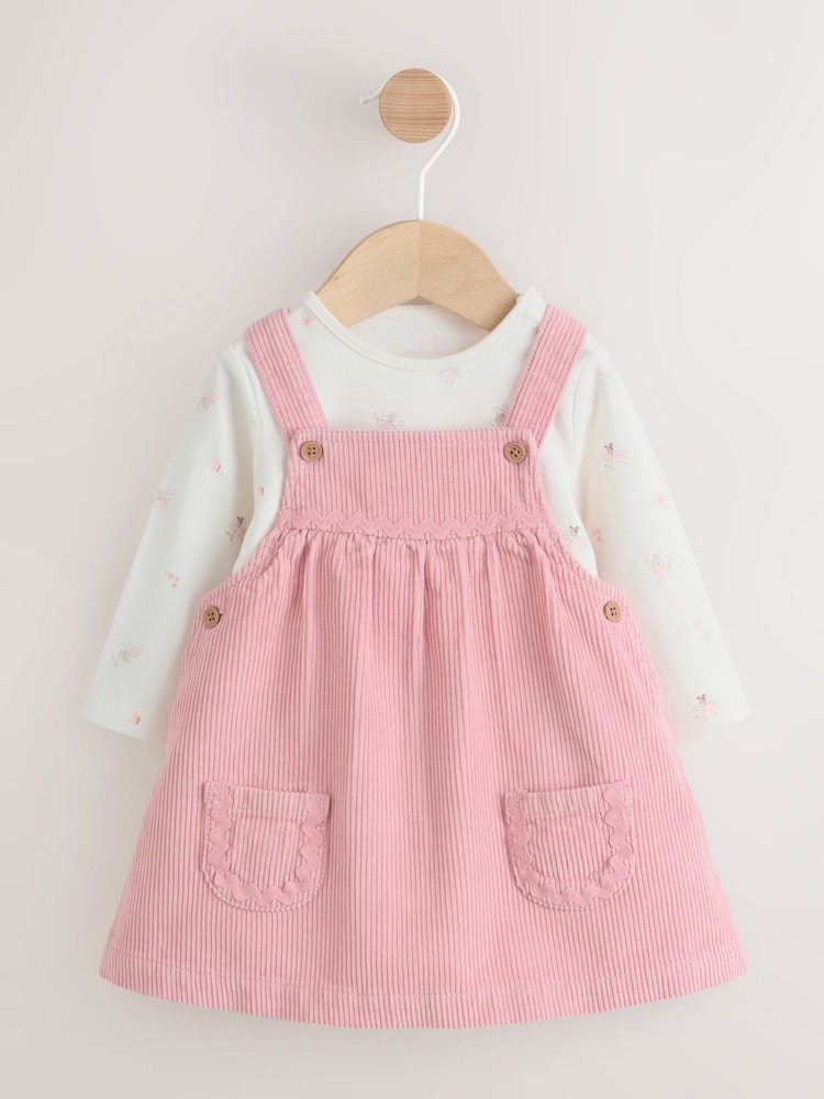 Pink Fairy Baby Cord Pinafore Dress and Long Sleeve Bodysuit 2 Piece Set (0mths-2yrs) - Image 1 of 15