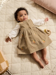 Olive Green Embroidered Baby Cord Pinafore Long Sleeve Bodysuit & Tights Set (0mths-2yrs) - Image 1 of 3