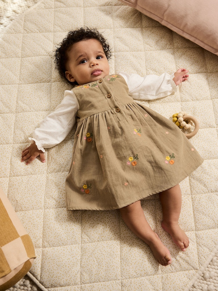 Olive Green Embroidered Baby Cord Pinafore Long Sleeve Bodysuit & Tights Set (0mths-2yrs) - Image 1 of 3