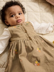 Olive Green Embroidered Baby Cord Pinafore Long Sleeve Bodysuit & Tights Set (0mths-2yrs) - Image 2 of 3