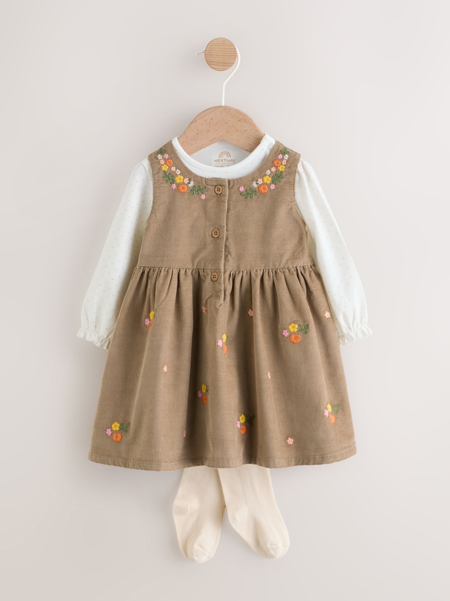 Buy Olive Green Embroidered Baby Cord Pinafore Long Sleeve