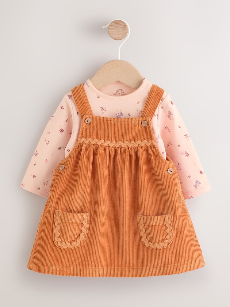 Orange Ditsy Baby Cord Pinafore Dress and Long Sleeve Bodysuit 2 Piece Set (0mths-2yrs) - Image 1 of 10 Orange Ditsy Baby Cord Pinafore Dress and Long Sleeve Bodysuit 2 Piece Set (0mths-2yrs) - Image 1 of 10