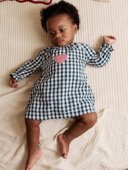 Navy Blue Gingham Heart Baby Long Sleeve 100% Cotton Dress with Knickers (0mths-2yrs) - Image 1 of 12