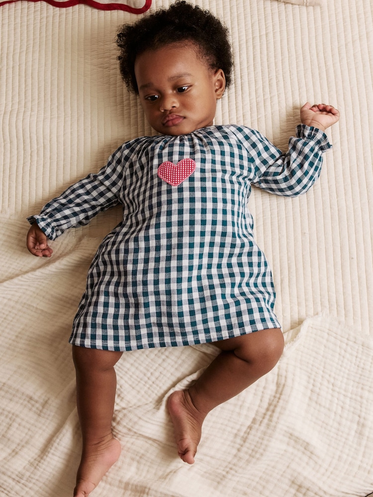 Navy Blue Gingham Heart Baby Long Sleeve 100% Cotton Dress with Knickers (0mths-2yrs) - Image 1 of 12
