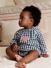 Navy Blue Gingham Heart Baby Long Sleeve 100% Cotton Dress with Knickers (0mths-2yrs) - Image 2 of 12