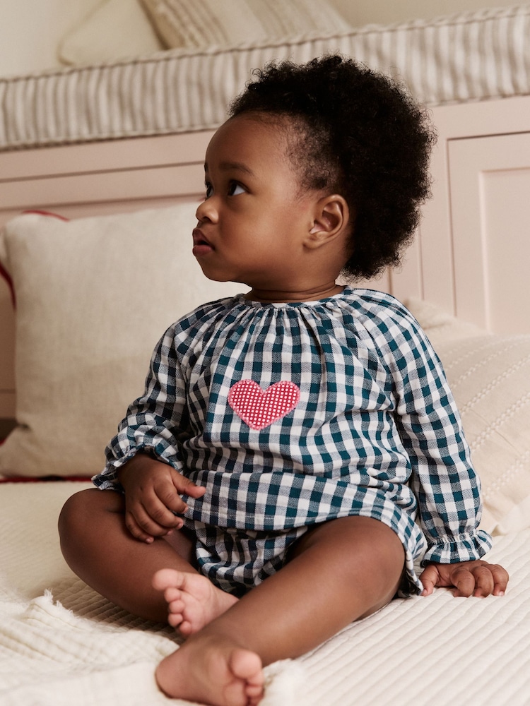 Navy Blue Gingham Heart Baby Long Sleeve 100% Cotton Dress with Knickers (0mths-2yrs) - Image 2 of 12
