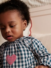 Navy Blue Gingham Heart Baby Long Sleeve 100% Cotton Dress with Knickers (0mths-2yrs) - Image 3 of 12