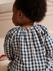 Navy Blue Gingham Heart Baby Long Sleeve 100% Cotton Dress with Knickers (0mths-2yrs) - Image 4 of 12
