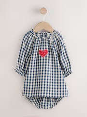 Navy Blue Gingham Heart Baby Long Sleeve 100% Cotton Dress with Knickers (0mths-2yrs) - Image 6 of 12