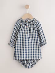 Navy Blue Gingham Heart Baby Long Sleeve 100% Cotton Dress with Knickers (0mths-2yrs) - Image 7 of 12