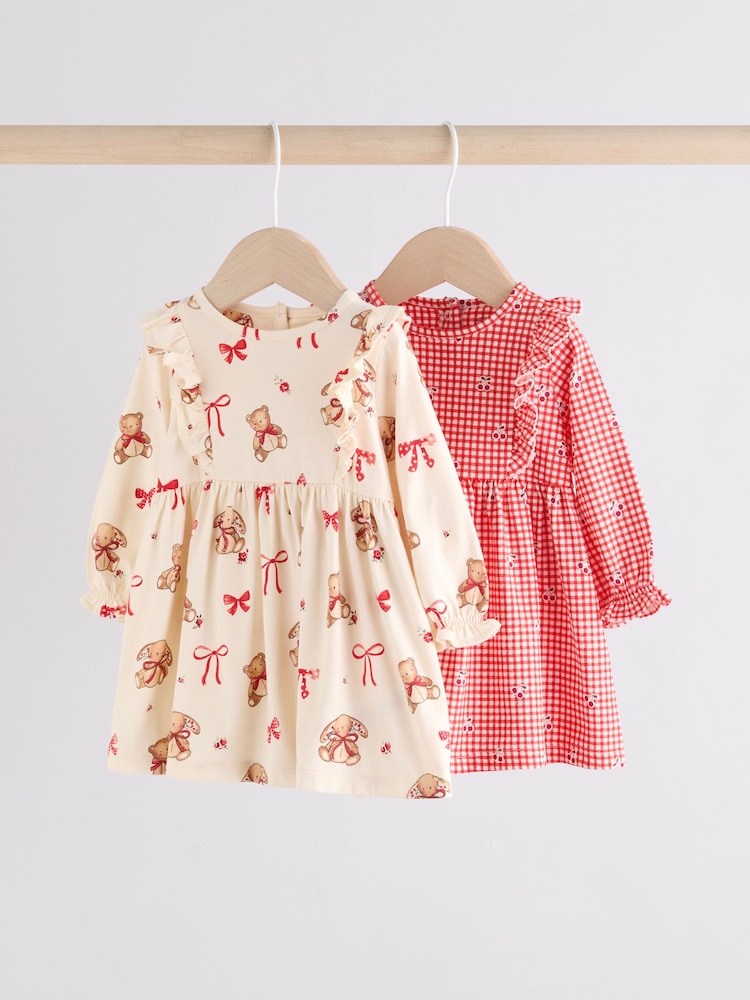 Cream Bear/ Red Cherry Gingham Baby Jersey Dresses 2 Pack (0mths-2yrs) - Image 1 of 9