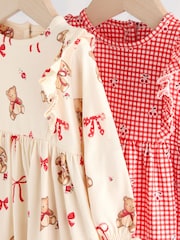 Cream Bear/ Red Cherry Gingham Baby Jersey Dresses 2 Pack (0mths-2yrs) - Image 6 of 9