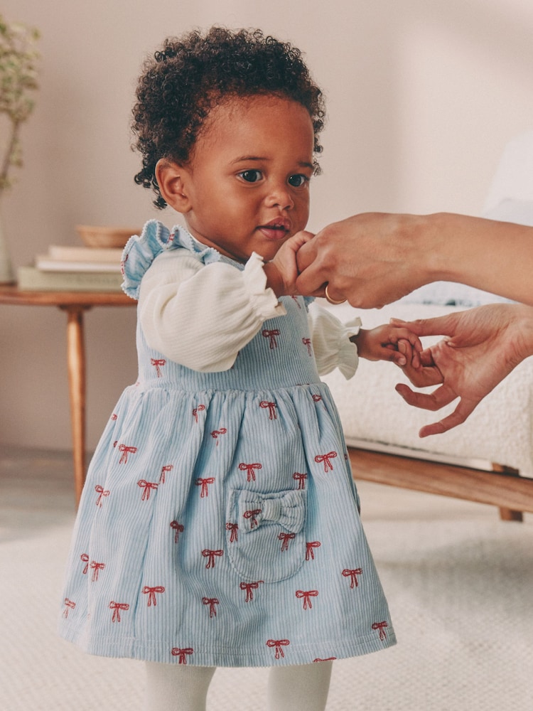 Blue Bow Baby Cord Pinafore Long Sleeve Bodysuit & Tights Set (0mths-2yrs) - Image 2 of 18