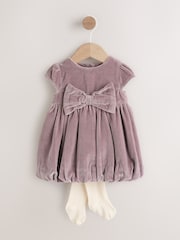 Morado - Conjunto de 2 prendas con vestido de bebé con lazo de terciopelo con dobladillo abullonado y medias (0 meses-2 años) - Imagen 5 de 10