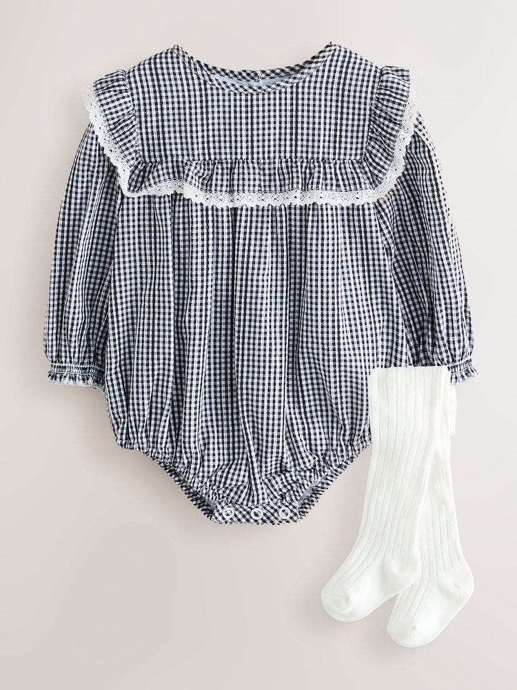Grey/ White Gingham Check Bloomer Baby Rompers with Tights 2 Piece Set (0mths-3yrs) - Image 1 of 10