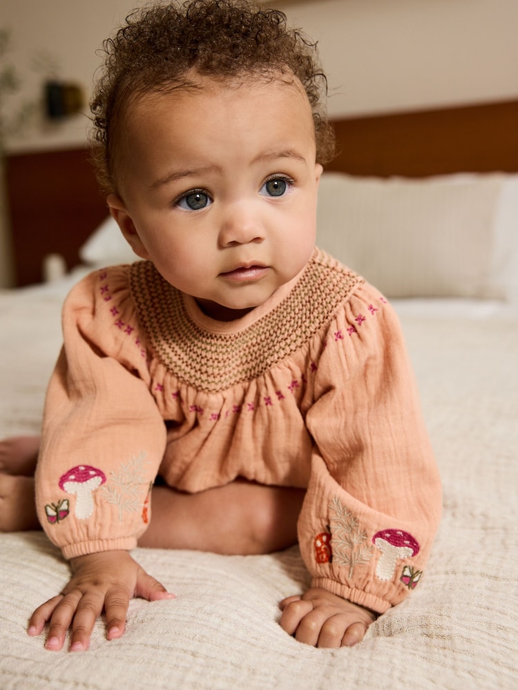 Tan Brown Embroidered Bloomer Baby Romper with Tights 2 Piece Set (0mths-3yrs) - Image 2 of 11