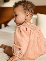 Tan Brown Embroidered Bloomer Baby Romper with Tights 2 Piece Set (0mths-3yrs) - Image 3 of 11