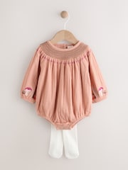 Tan Brown Embroidered Bloomer Baby Romper with Tights 2 Piece Set (0mths-3yrs) - Image 5 of 11