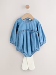 Denim Blue Bloomer Baby Romper with Tights 2 Piece Set (0mths-3yrs) - Image 1 of 6