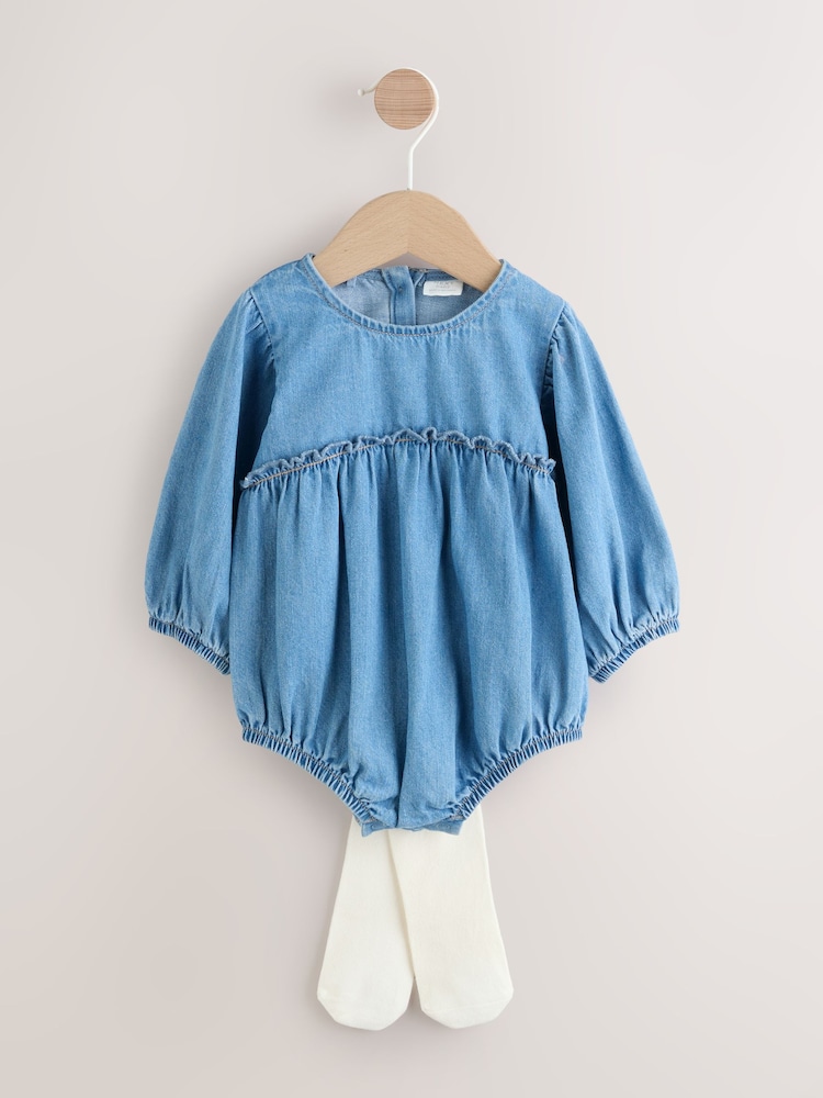 Denim Blue Bloomer Baby Romper with Tights 2 Piece Set (0mths-3yrs) - Image 1 of 6