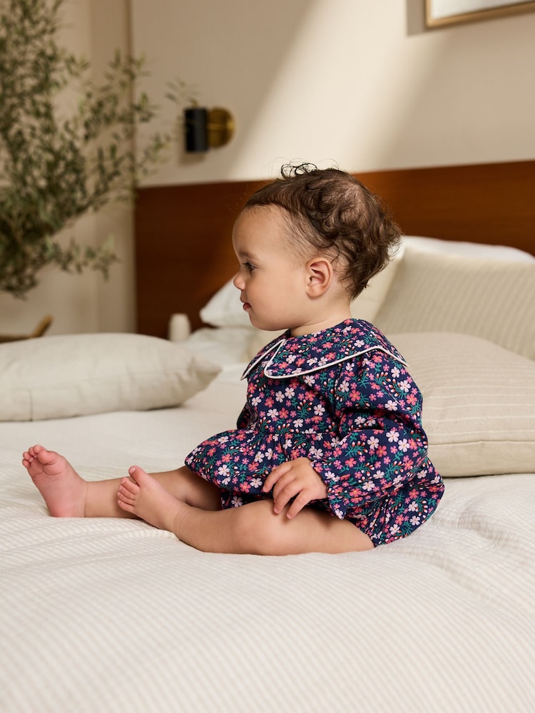 Navy Blue Ditsy Bloomer Baby Romper with Tights 2 Piece Set (0mths-3yrs) - Image 1 of 11 Navy Blue Ditsy Bloomer Baby Romper with Tights 2 Piece Set (0mths-3yrs) - Image 1 of 11