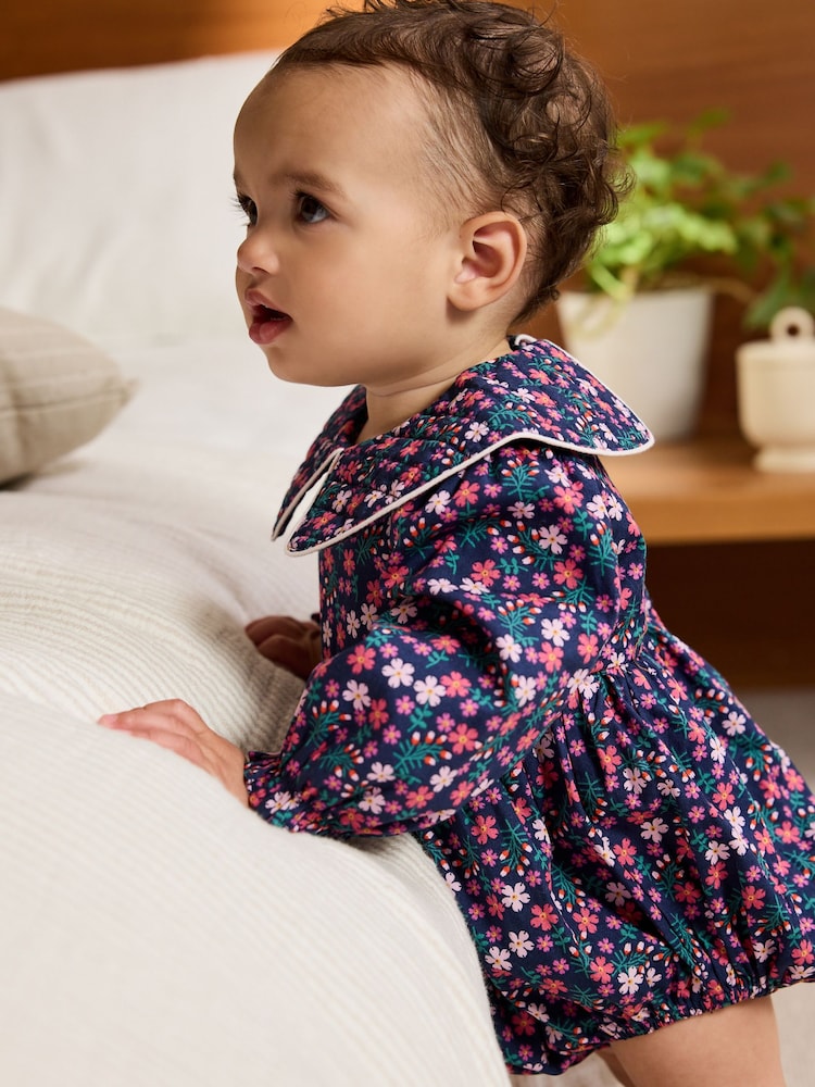 Navy Blue Ditsy Bloomer Baby Romper with Tights 2 Piece Set (0mths-3yrs) - Image 2 of 11 Navy Blue Ditsy Bloomer Baby Romper with Tights 2 Piece Set (0mths-3yrs) - Image 2 of 11