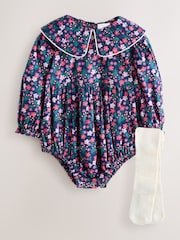 Navy Blue Ditsy Bloomer Baby Romper with Tights 2 Piece Set (0mths-3yrs) - Image 6 of 11