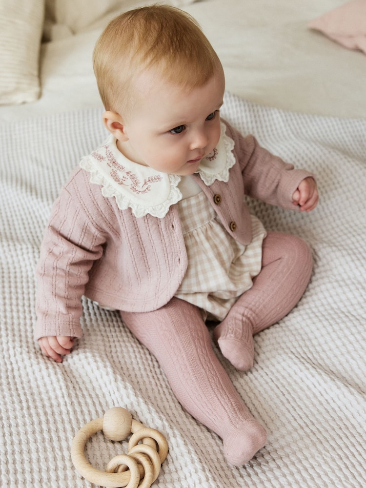 Pink Bubble Romper Long Sleeve Bodysuit Cardigan and Tights 4 Piece Set (0mths-2yrs) - Image 1 of 5
