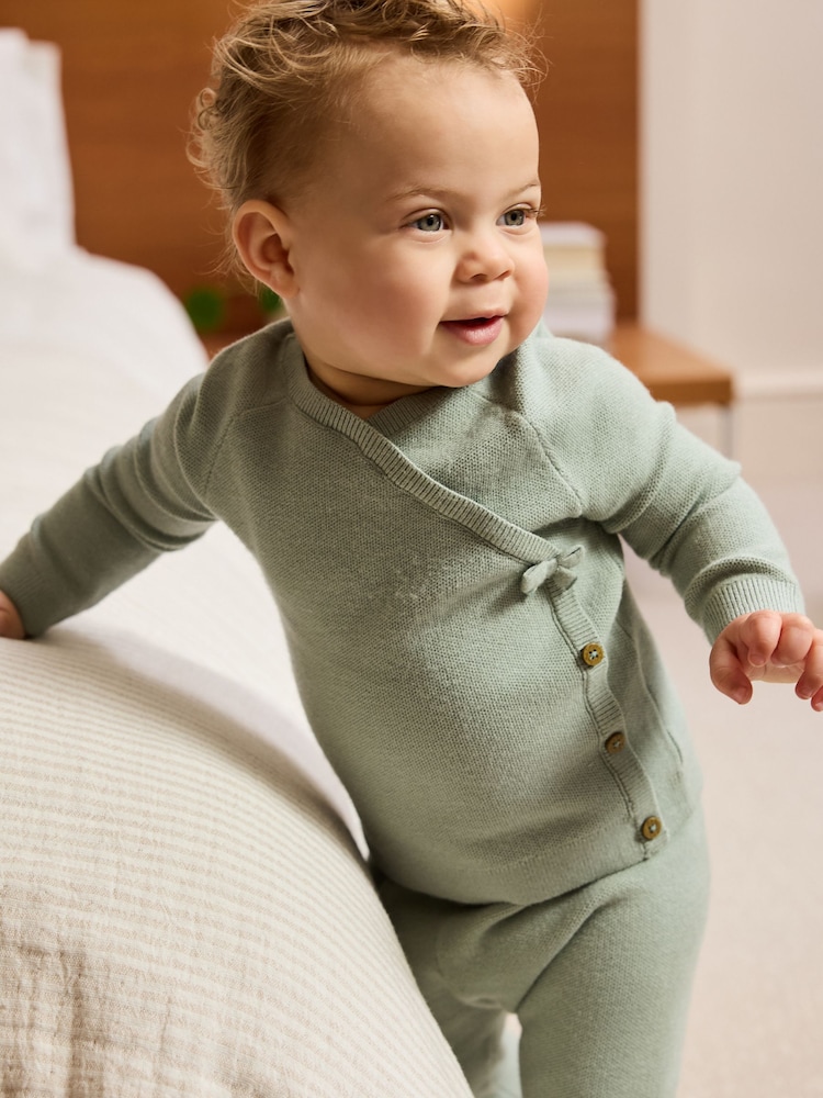 Sage Green Baby Knitted Wrap Jumper and Leggings 2 Piece Set (0mths-2yrs) - Image 2 of 16 Sage Green Baby Knitted Wrap Jumper and Leggings 2 Piece Set (0mths-2yrs) - Image 2 of 16