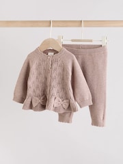 Mink Brown Baby Frill Knitted Bow Cardigan Set (0mths-3yrs) - Image 1 of 12