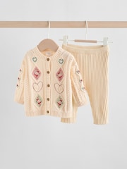 Cream Embroidered Baby Knitted Cardigan and Leggings 2 Piece Set (0mths-3yrs) - Image 1 of 12