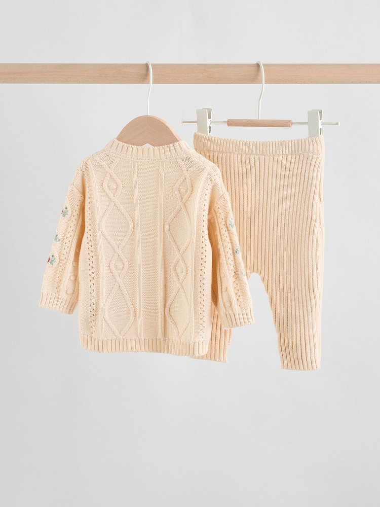 Cream Embroidered Baby Knitted Cardigan and Leggings 2 Piece Set (0mths-3yrs) - Image 2 of 12