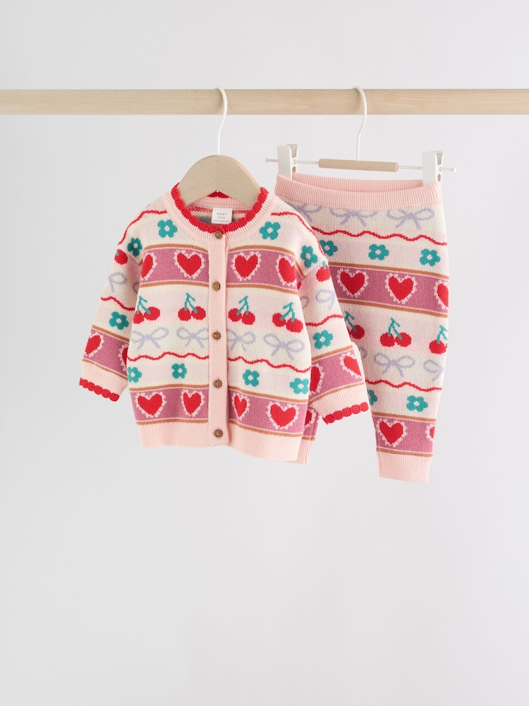 Red/ Pink Cherries Baby Knitted Cardigan and Leggings 2 Piece Set (0mths-3yrs) - Image 1 of 15