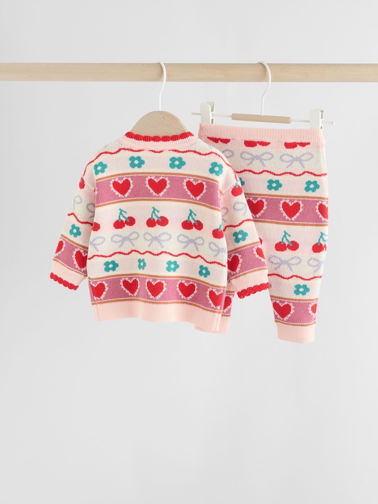 Red/ Pink Cherries Baby Knitted Cardigan and Leggings 2 Piece Set (0mths-3yrs) - Image 2 of 15