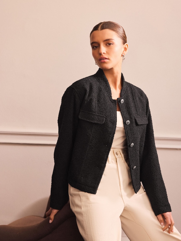 Negro - Chaqueta sin cuello de bouclé - Imagen 1 de 8