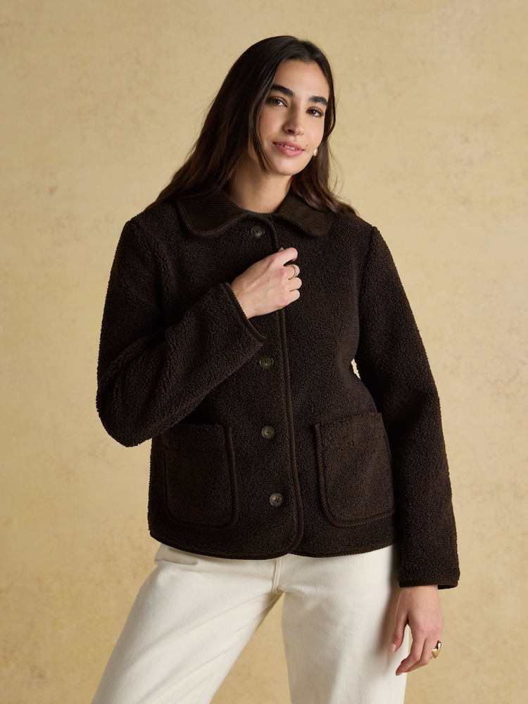 Joules Sadie Chocolate Brown Collared Fleece Jacket - Image 1 of 8