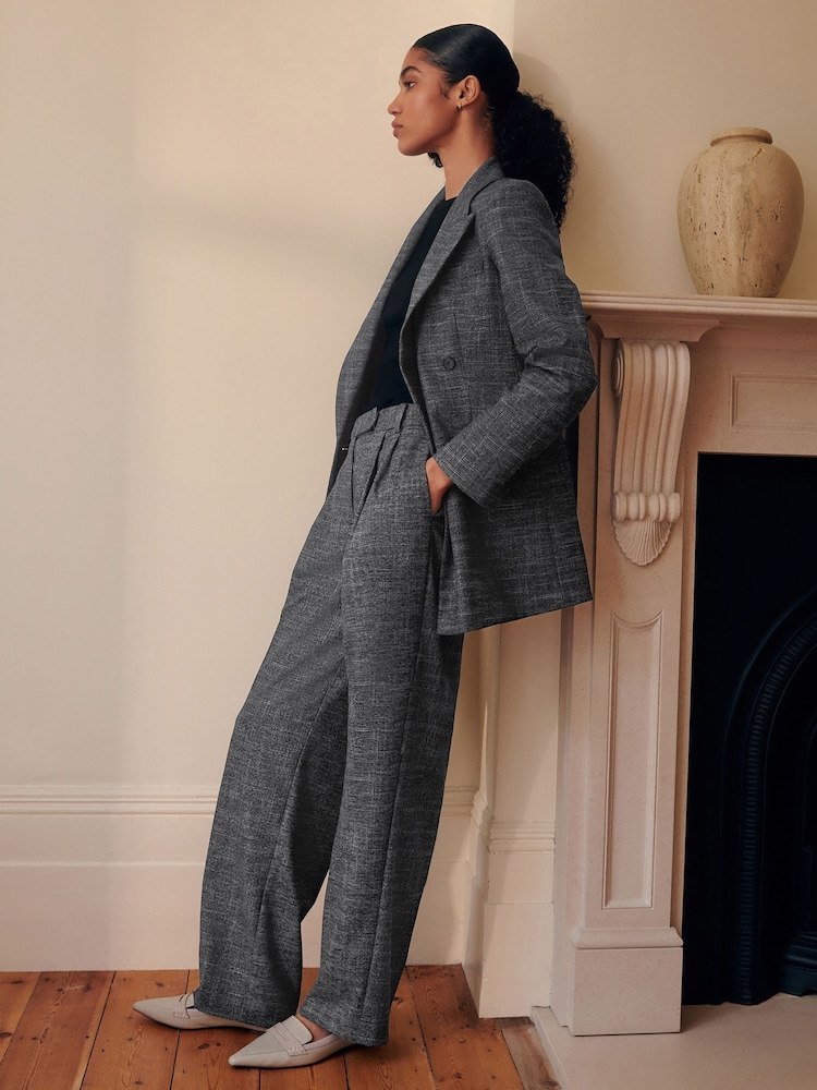 Grey Crosshatch Double Pleated Straight Leg Trousers - Image 1 of 9