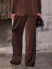 Chocolate Brown Satin Elastic Back Wide Leg Trousers - Image 3 of 8