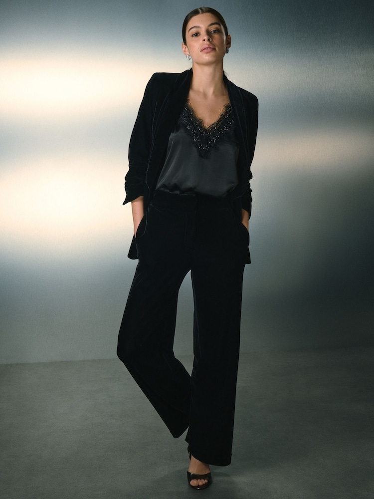 Black Velvet Elastic Back Wide Leg Trousers - Image 1 of 9