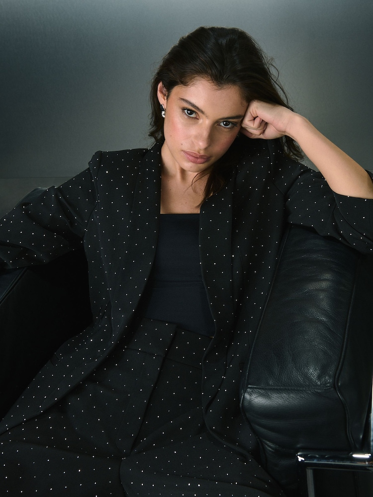 črna - Embellished Stud Ruched Sleeve Occasion Blazer - Slika 1 iz 10